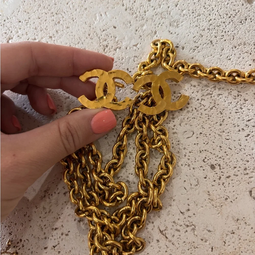 Authentic CHANEL gold plated CC triple chain hanging belt vintage 80cm